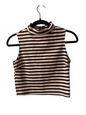 Bar III Black & Tan Striped Sleeveless Crop Top with High Neck and Back Zipper